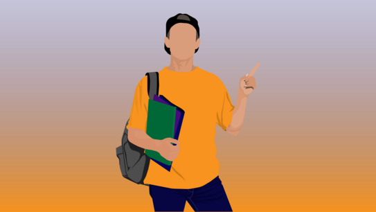 Motivierter Student zeigt mit den Finger an Bildrand (Ecke oben-rechts)