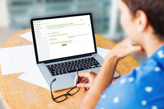 Frau am Laptop Eine Frau schaut auf ihren geöffneten Laptop.